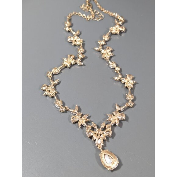 Golden Beige Rhinestone Teardrop Tennis Statement Necklace Elegant Evening Spark - Picture 10 of 11